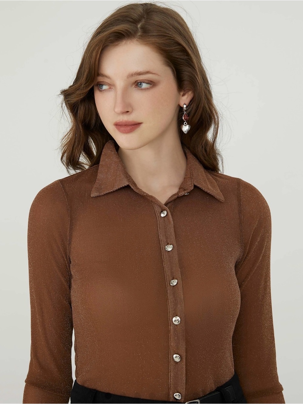 Cider Long-Sleeve Sparkly Brown Collared Button-Down Top Small